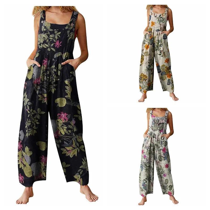 Women Rompers Hot Summer New Loose Linen Cotton Jumpsuit Sleeveless Backless Leaf Floral Print Square Neck Playsuits Overalls-THAT FASHION STORE