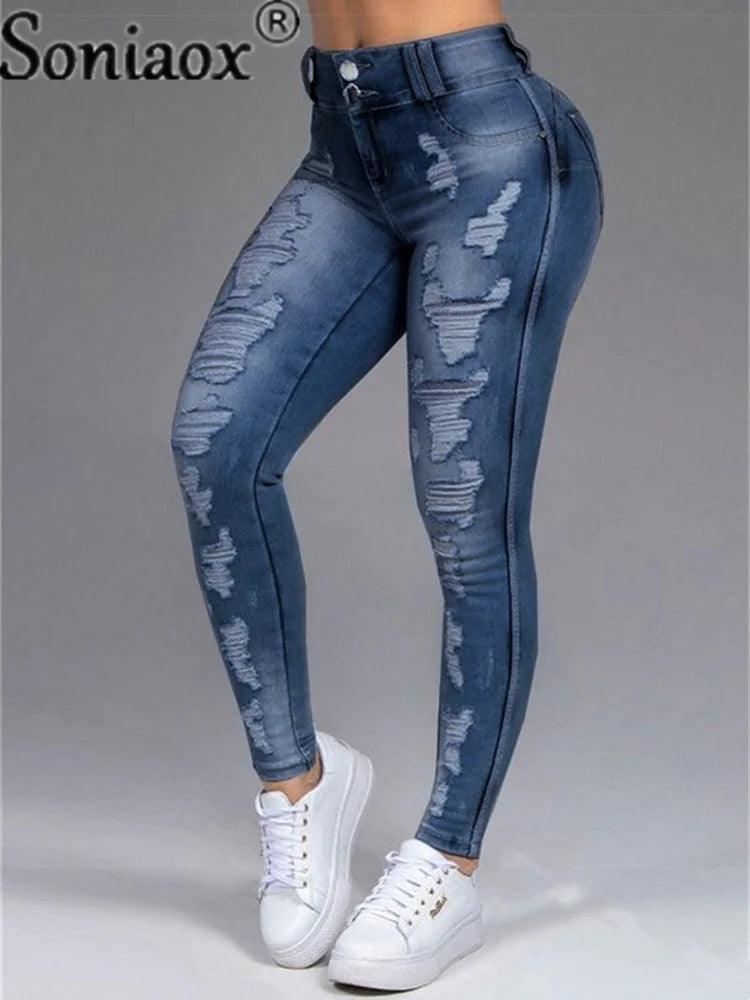 Women Pants High Stretch Jeans High Waist Skinny Ripped Vintage Hole Slim Large Full Length Distressed Trousers 2021-THAT FASHION STORE