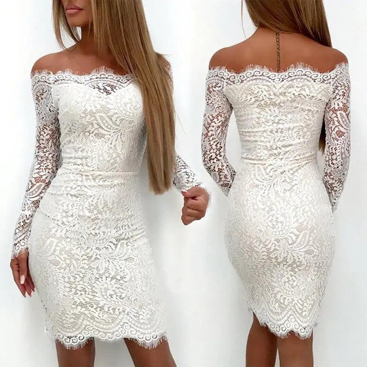 Elegant White Lace Dress Women Off Shoulder Summer One Shoulder Summer Long Sleeve Party Pencil Dress Vestidos-THAT FASHION STORE