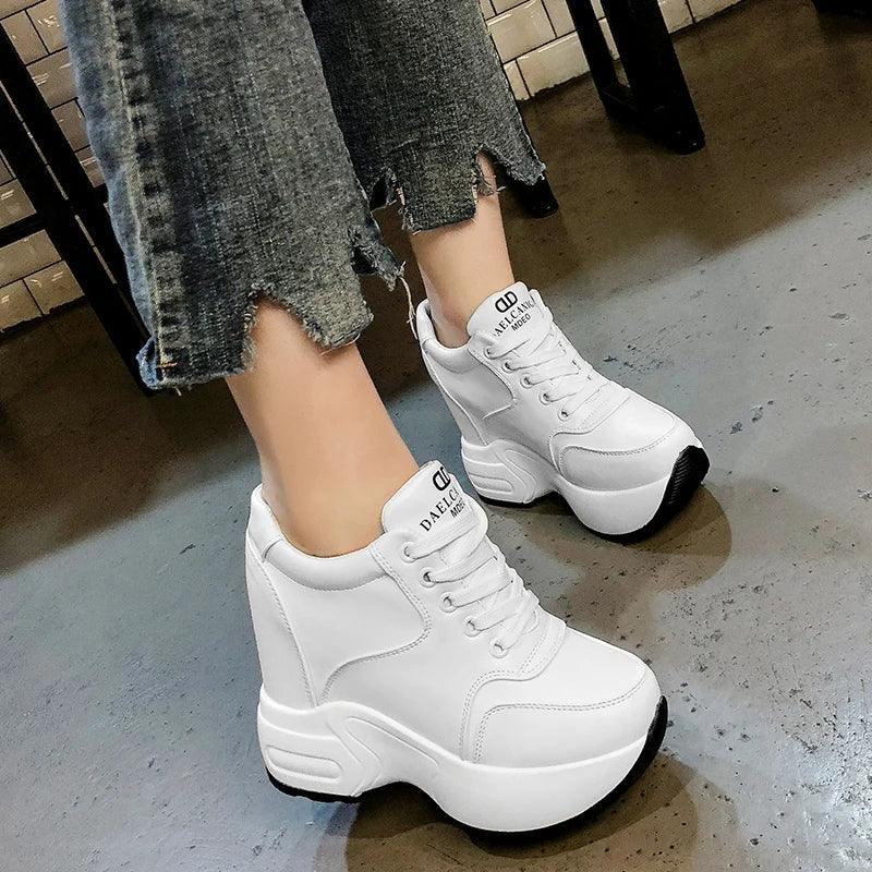 Women's Ankle Boots 2024 Spring Leather Chunky Shoes Woman Platform Height Increased Sneakers 10CM Thick Sole Wedges White Boots-THAT FASHION STORE