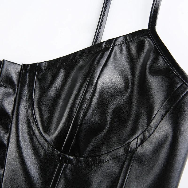 Women's Corset Sexy Black PU Leather Bustier Crop Top Fashion Lady Sleeveless Strap Camis Clubwear Summer Low-cut Slim Camis-THAT FASHION STORE