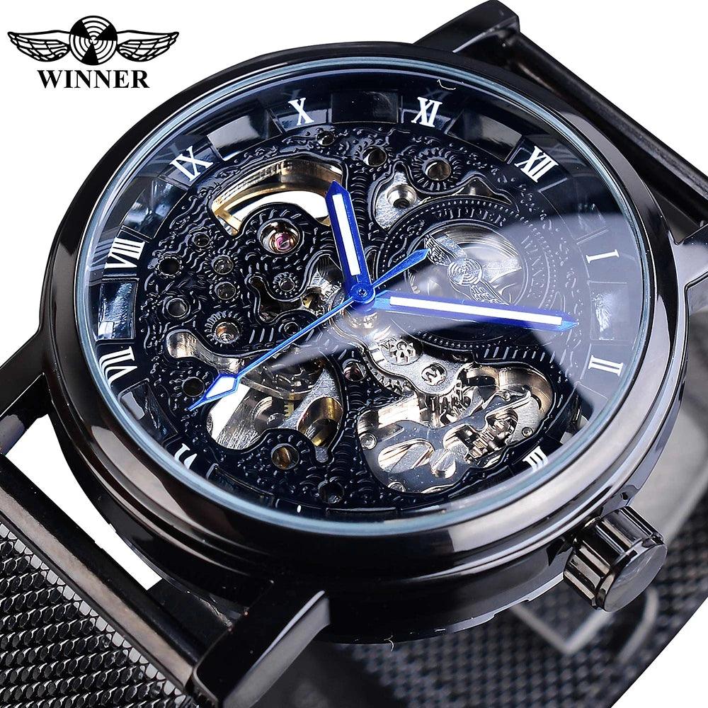 Winner Transparent Golden Case Luxury Casual Design Brown Leather Strap Mens Watches Top Brand Luxury Mechanical Skeleton Watch-THAT FASHION STORE