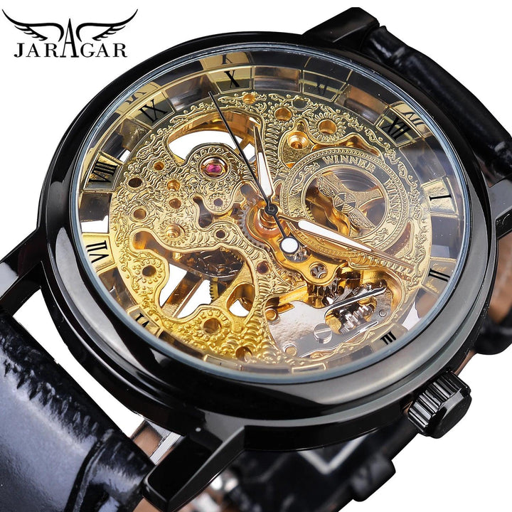 Winner Transparent Golden Case Luxury Casual Design Brown Leather Strap Mens Watches Top Brand Luxury Mechanical Skeleton Watch-THAT FASHION STORE