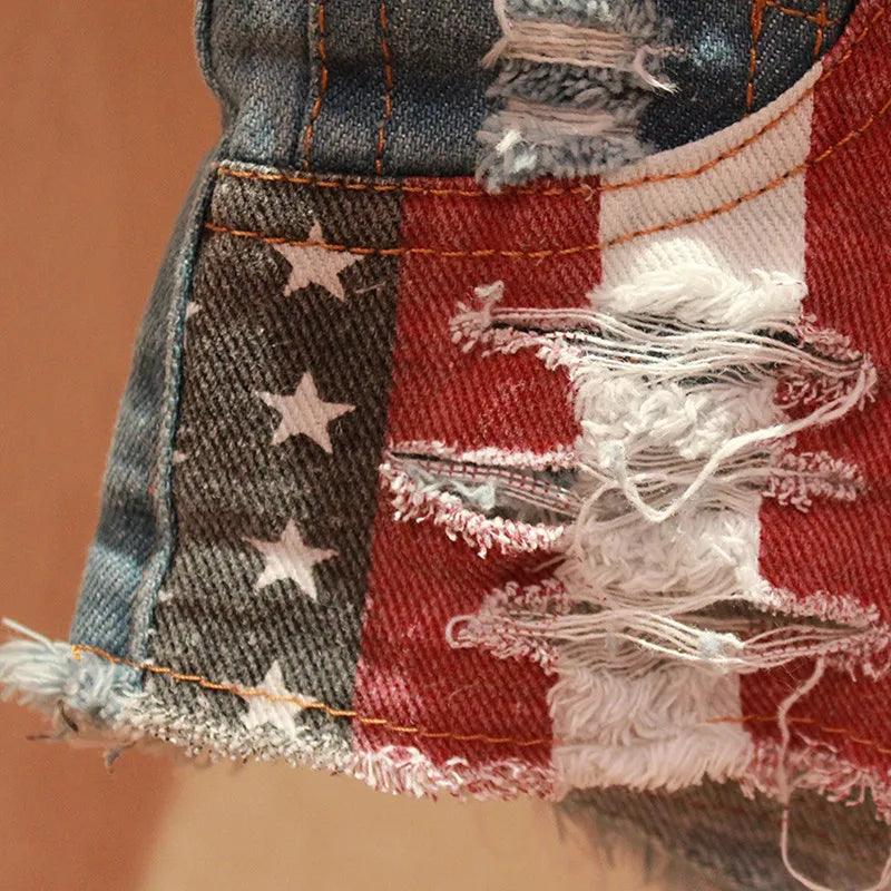 Mid Waist Jeans Shorts 2021 Women New Fashion USA Flag Printed Denim Pole Dance Skinny Hot Hole Short Pants S-XXL-THAT FASHION STORE