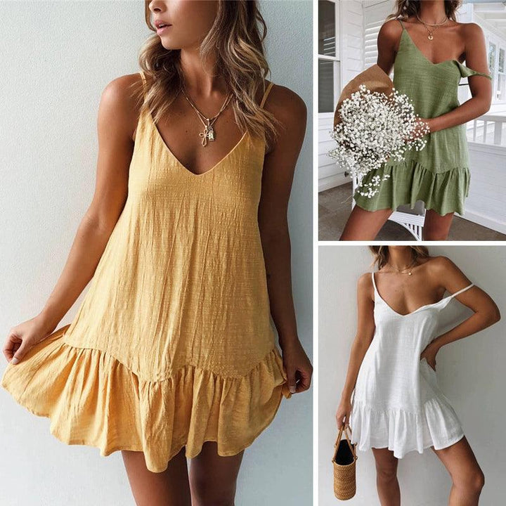 Women Ruffle Sexy Party Sundress Cotton Linen Open Back Female Dress-THAT FASHION STORE