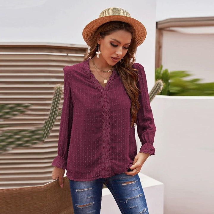 2024 Summer New Arrival Long Sleeves Thin Lace Shirt Women Fashion Loose Pullover Deep V Neck Solid Color Casual T-shirt Tops Women-THAT FASHION STORE