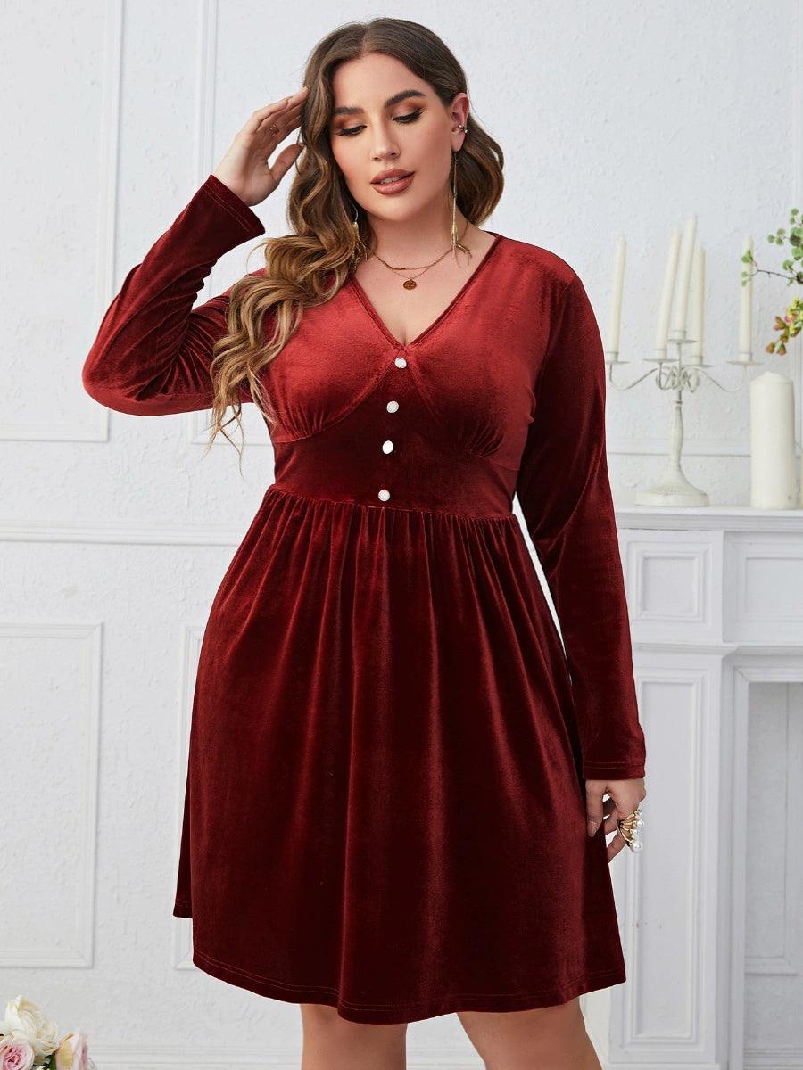 Women plus Size Dress plus Size Dark Red V-neck Slimming High Waist Long Sleeves Dress-THAT FASHION STORE