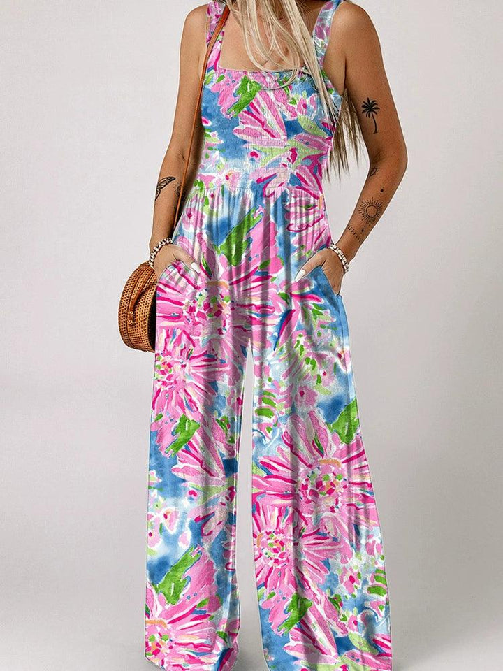 Fashion Smocking Thin Print High Waist Jumpsuit-THAT FASHION STORE