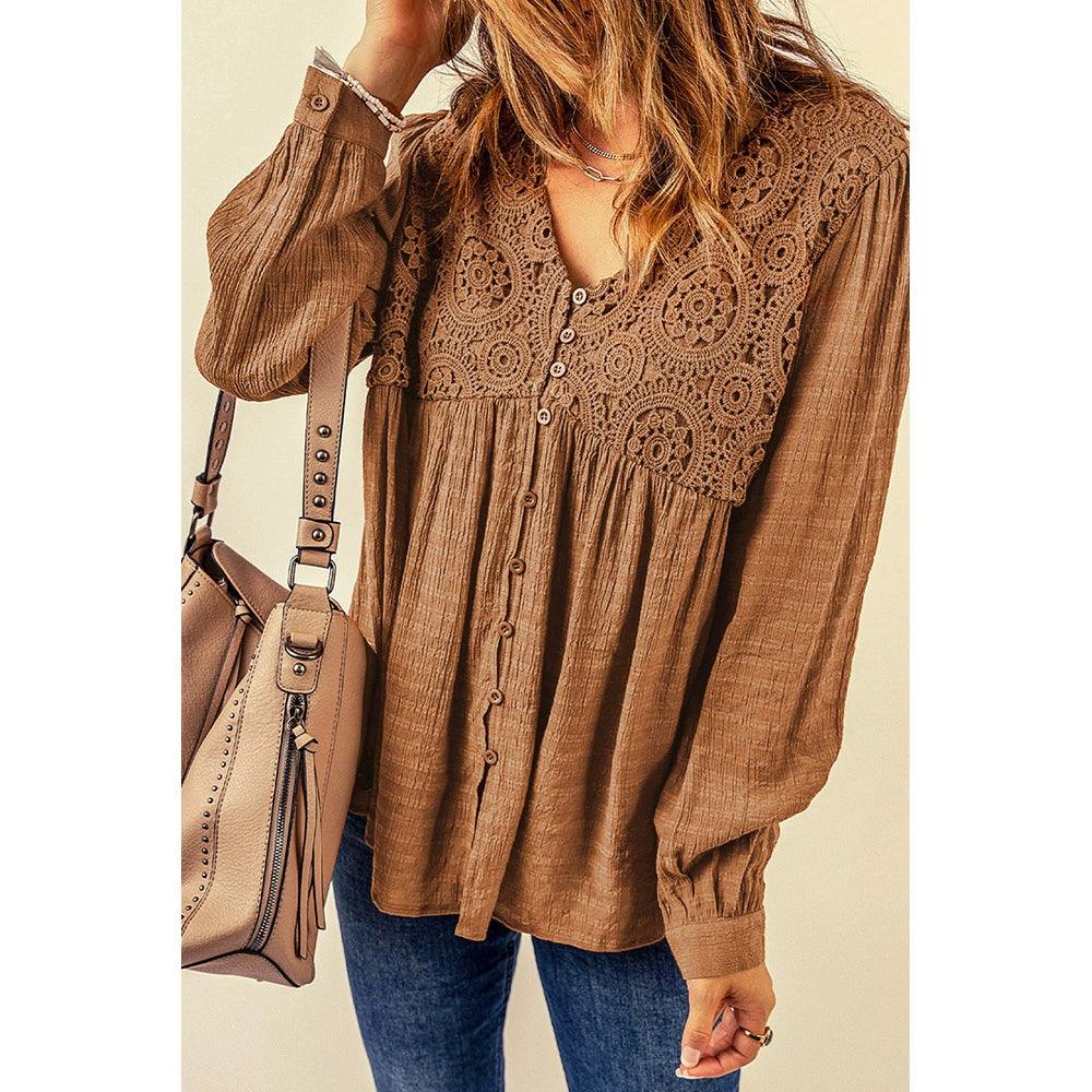 Fall 2024 New Brown Lace Crochet Shirt Women Fashion Style Fashion Button V Neck Little-Girl Style Clothes Tops Women-THAT FASHION STORE