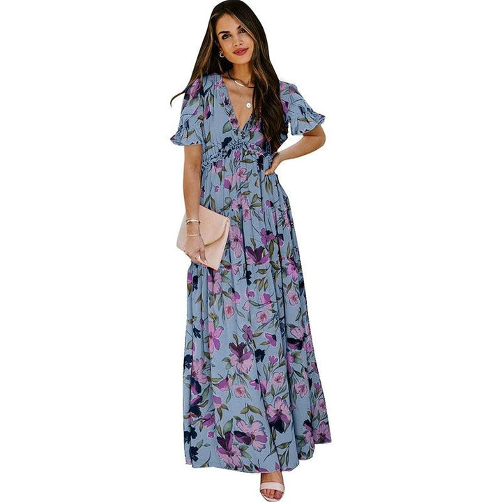 Summer 2024 New Arrival Florals Print Short Sleeve Dress European and American Leisure V-neck Seaside Vacation Style Long Dress for Women-THAT FASHION STORE