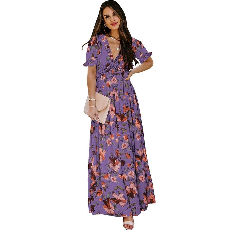 Summer 2024 New Arrival Florals Print Short Sleeve Dress European and American Leisure V-neck Seaside Vacation Style Long Dress for Women-THAT FASHION STORE