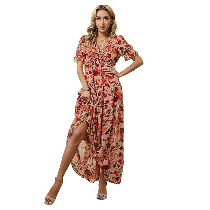 Summer 2024 New Arrival Florals Print Short Sleeve Dress European and American Leisure V-neck Seaside Vacation Style Long Dress for Women-THAT FASHION STORE