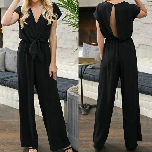 Solid Backless V-Neck Party Jumpsuit Fashionable All-Match V-neck Wide-Leg Trousers-THAT FASHION STORE