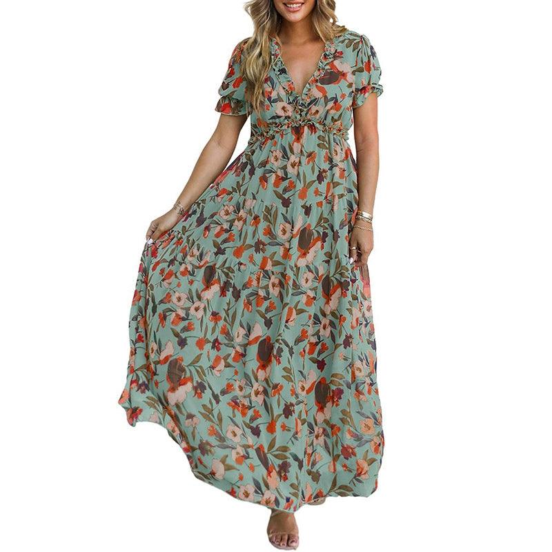 Summer 2024 New Arrival Florals Print Short Sleeve Dress European and American Leisure V-neck Seaside Vacation Style Long Dress for Women-THAT FASHION STORE