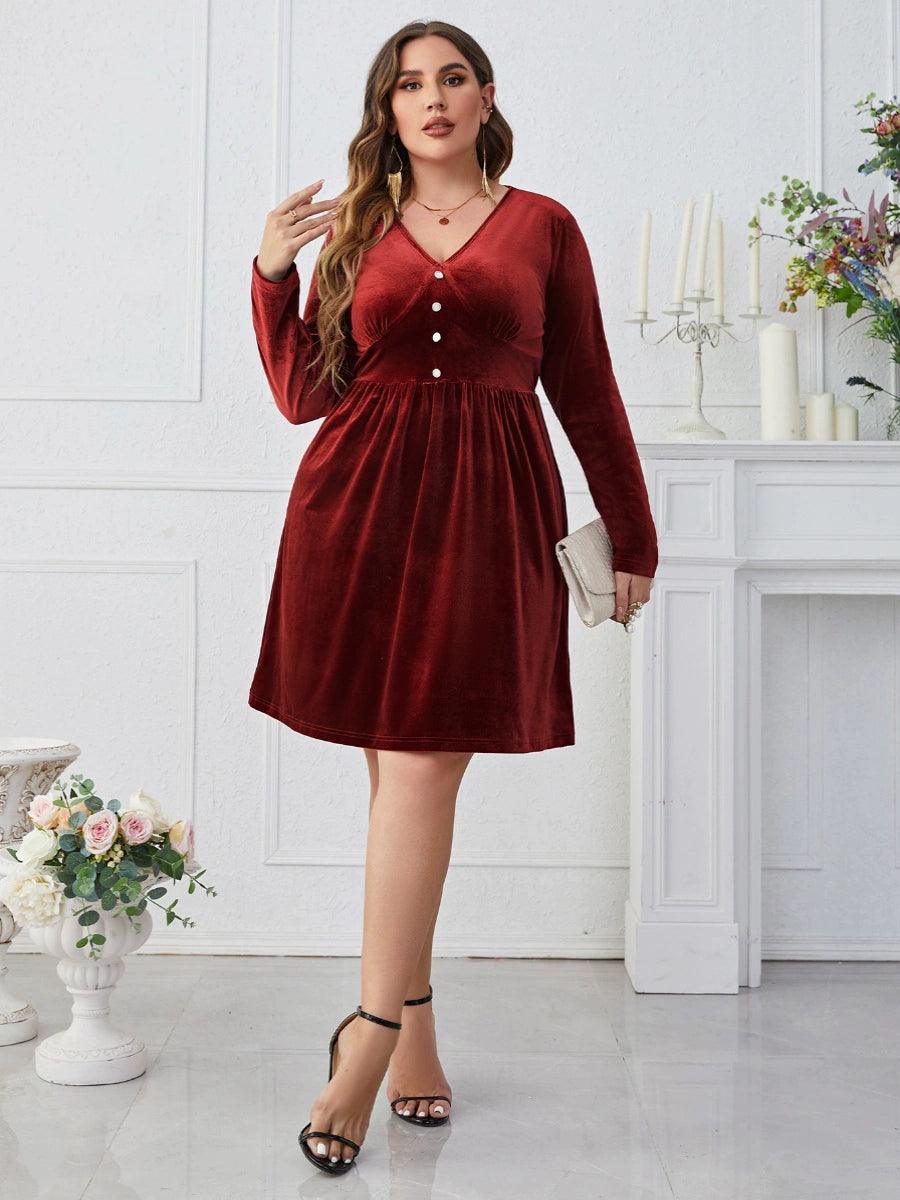 Women plus Size Dress plus Size Dark Red V-neck Slimming High Waist Long Sleeves Dress-THAT FASHION STORE