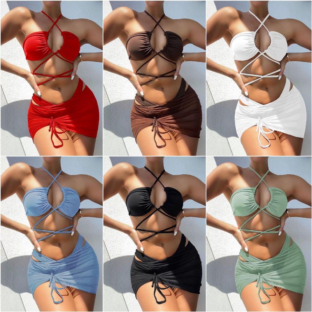 European and American Split Swimsuit Solid Sexy Bandage Pleating Three-Piece Suit Beach Vacation Hot Spring Bikini Swimsuit-THAT FASHION STORE