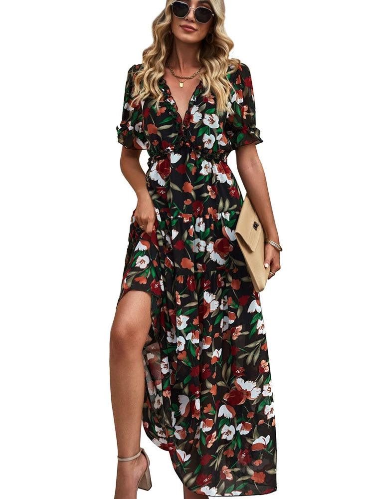 Summer 2024 New Arrival Florals Print Short Sleeve Dress European and American Leisure V-neck Seaside Vacation Style Long Dress for Women-THAT FASHION STORE