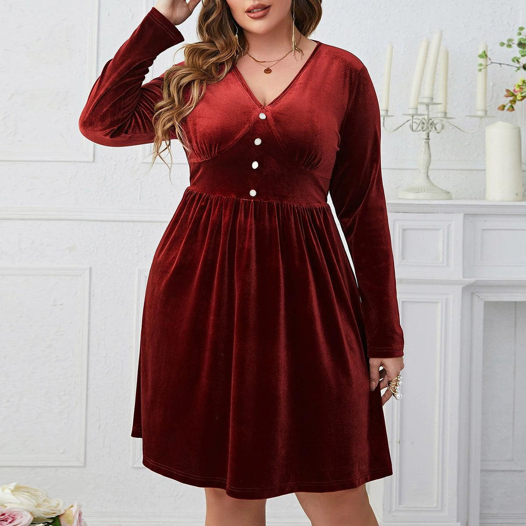 Women plus Size Dress plus Size Dark Red V-neck Slimming High Waist Long Sleeves Dress-THAT FASHION STORE