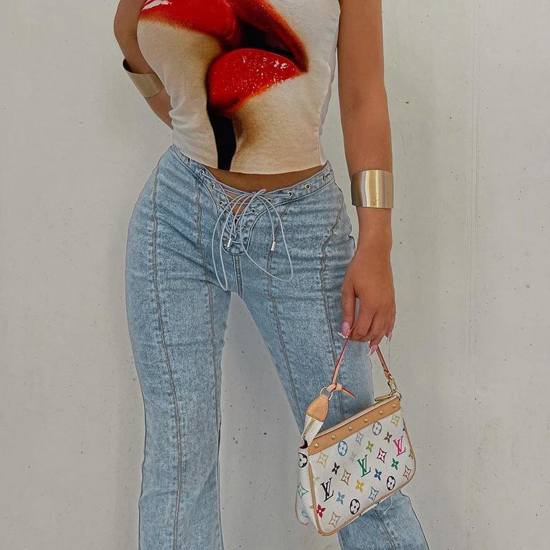 Women's High Waist Lace-up Cutout Split Jeans-THAT FASHION STORE