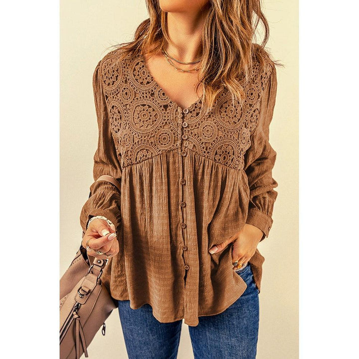 Fall 2024 New Brown Lace Crochet Shirt Women Fashion Style Fashion Button V Neck Little-Girl Style Clothes Tops Women-THAT FASHION STORE