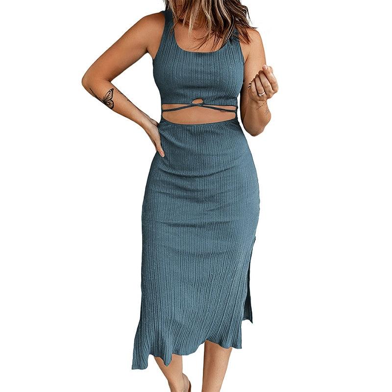 Clearance Special Offer Summer Thin Pullover Hollow Dress Women's European and American Sexy Slim-Fit Sleeveless Slit Midi Dress for Women-THAT FASHION STORE