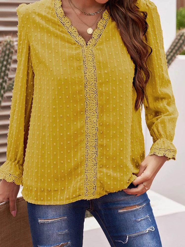 2024 Summer New Arrival Long Sleeves Thin Lace Shirt Women Fashion Loose Pullover Deep V Neck Solid Color Casual T-shirt Tops Women-THAT FASHION STORE