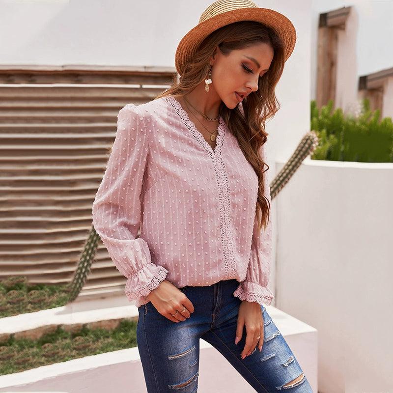 2024 Summer New Arrival Long Sleeves Thin Lace Shirt Women Fashion Loose Pullover Deep V Neck Solid Color Casual T-shirt Tops Women-THAT FASHION STORE