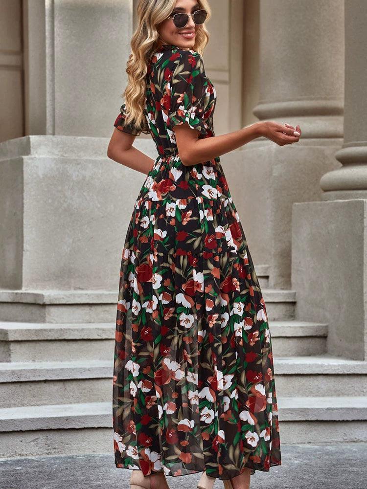 Summer 2024 New Arrival Florals Print Short Sleeve Dress European and American Leisure V-neck Seaside Vacation Style Long Dress for Women-THAT FASHION STORE