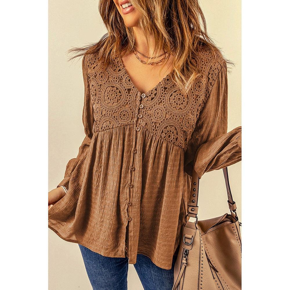 Fall 2024 New Brown Lace Crochet Shirt Women Fashion Style Fashion Button V Neck Little-Girl Style Clothes Tops Women-THAT FASHION STORE