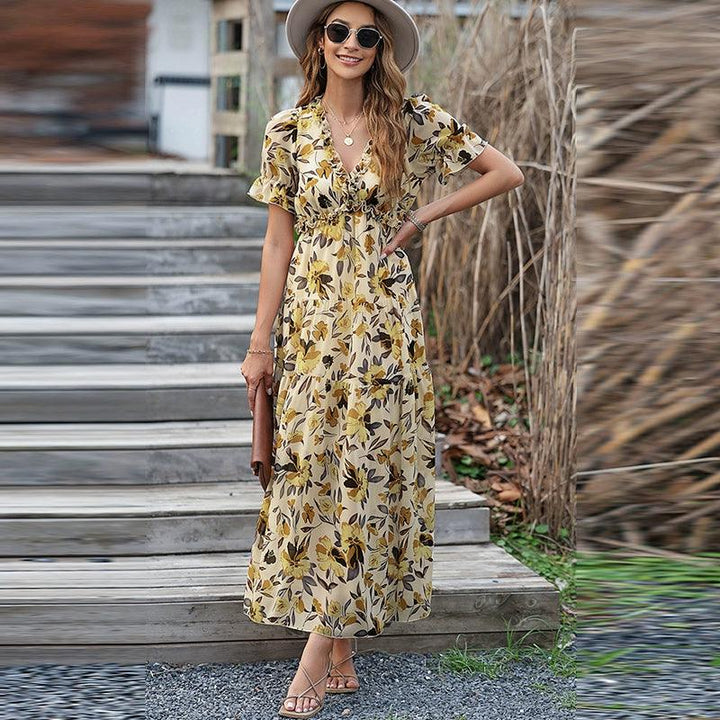 Summer 2024 New Arrival Florals Print Short Sleeve Dress European and American Leisure V-neck Seaside Vacation Style Long Dress for Women-THAT FASHION STORE