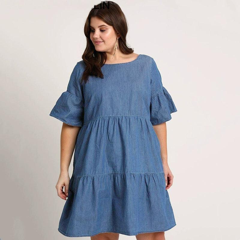 New Spring and Summer New Fashion plus Size Plus Size Ladies Loose Denim Dress Loose-Fit Lotus Leaf Sleeve A- line Dress-THAT FASHION STORE