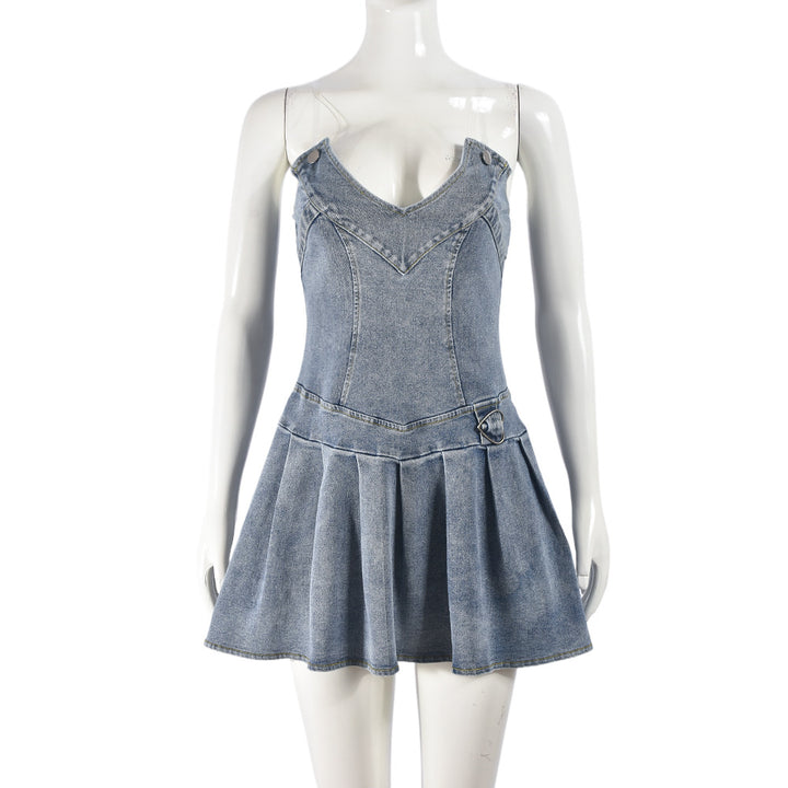 Trendy V-neck Denim Mini Dress with French Pleats - THAT FASHION STORE