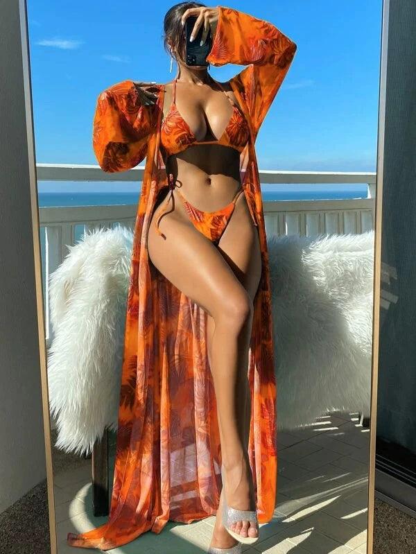 European and American Sexy Bikini Three-Piece Set Printed Lace up Separates Swimsuit Suit Long Cape Bikini Swimsuit-THAT FASHION STORE