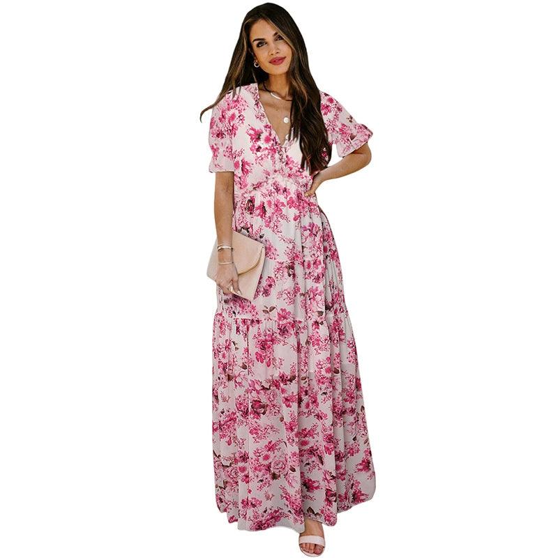 Summer 2024 New Arrival Florals Print Short Sleeve Dress European and American Leisure V-neck Seaside Vacation Style Long Dress for Women-THAT FASHION STORE