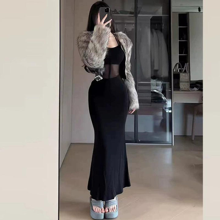 Weird Girl French Style Socialite Style Vintage Velvet Long Sleeve Dress Chic Elegant Mesh See-through Fishtail Skirt-THAT FASHION STORE