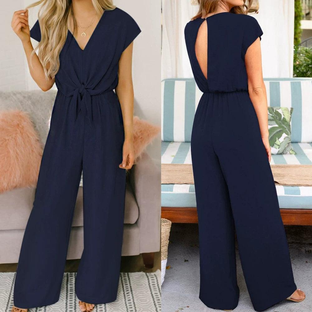 Solid Backless V-Neck Party Jumpsuit Fashionable All-Match V-neck Wide-Leg Trousers-THAT FASHION STORE