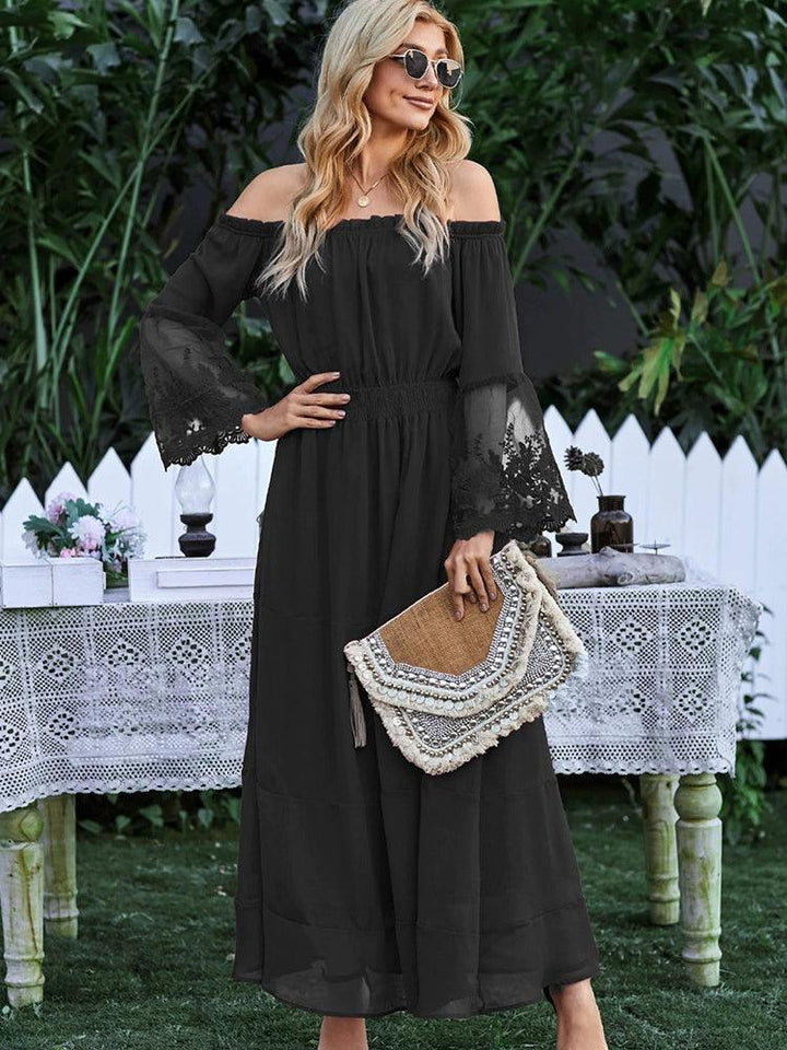 European and American Sexy off-Shoulder Dress Women's 2024 Spring & Fall New Arrival Pure Color Lace Long Sleeves Thin Skirt-THAT FASHION STORE