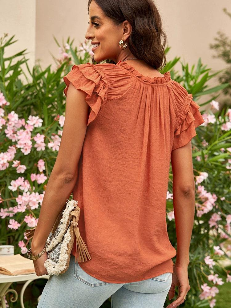 Loose V-neck Casual Pure Color Pullover Short Sleeve Tops-THAT FASHION STORE