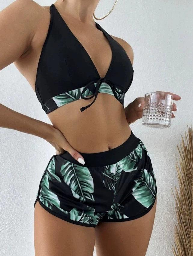 European and American New Hot Spring Swimsuit Lotus Leaf Print Shorts Split Swimsuit than Three-Piece Suit Bikinis Bikini-THAT FASHION STORE