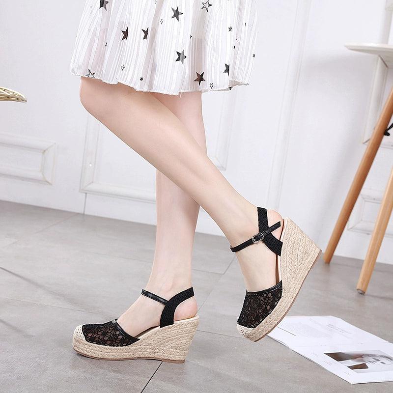 Breathable Mesh Straw Woven Fairy Style Closed Toe Linen Bottom Lace-THAT FASHION STORE