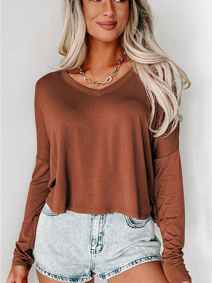 2024 Fall and Winter New V-neck Pullover Long Sleeves T-shirt Female Fashion Pure Color All-Matching Casual Inner Bottoming Shirt Tops-THAT FASHION STORE