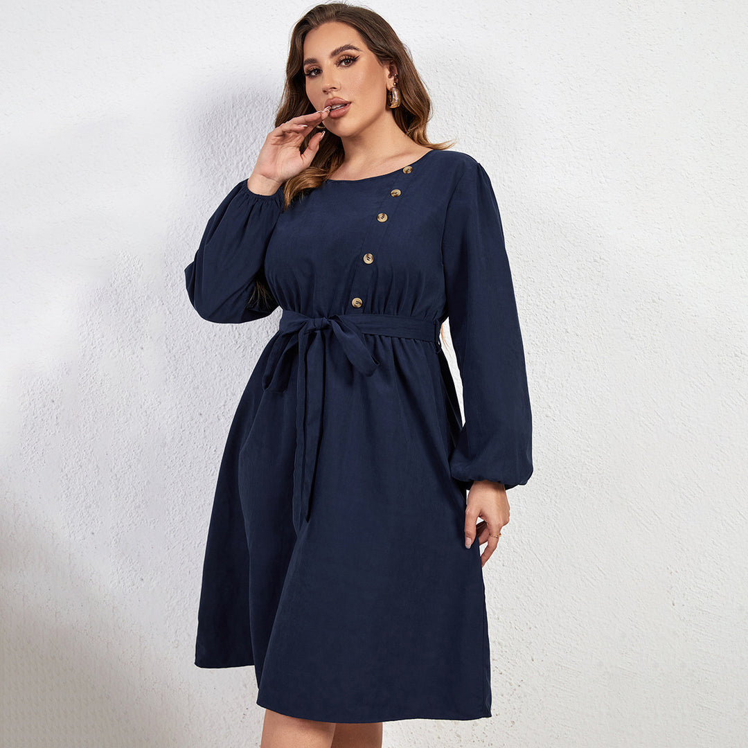 High Waist Lace-Up Blue Dress for Women with Round Neck and Long Sleeves - THAT FASHION STORE