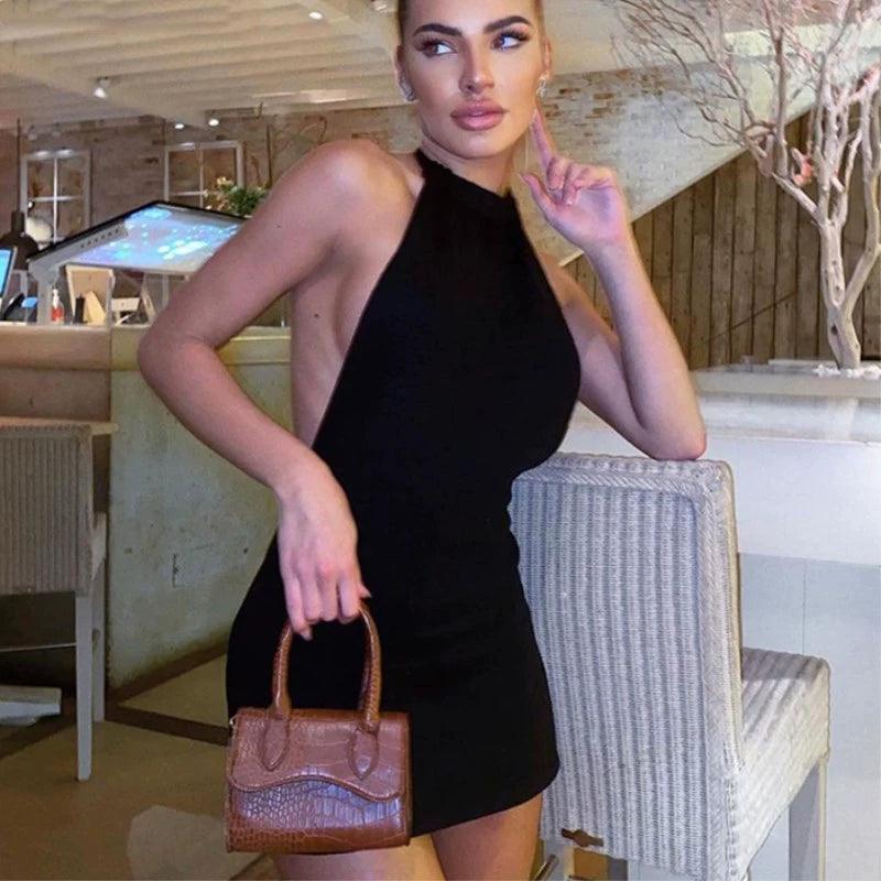 Backpack Solid Color Open Back Bodycon Dress Halterneck-THAT FASHION STORE