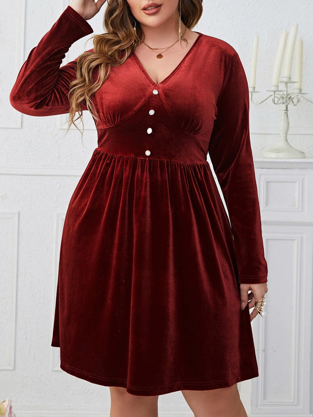 Women plus Size Dress plus Size Dark Red V-neck Slimming High Waist Long Sleeves Dress-THAT FASHION STORE