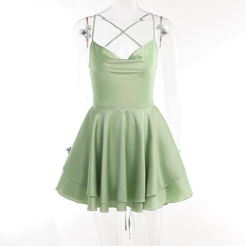 Outfitgirl Fashion Sexy Wind Satin Sling Open Back Tied Dress Small Slim Looking Cinched Short Dress-THAT FASHION STORE