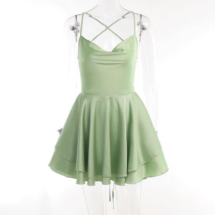 Outfitgirl Fashion Sexy Wind Satin Sling Open Back Tied Dress Small Slim Looking Cinched Short Dress-THAT FASHION STORE