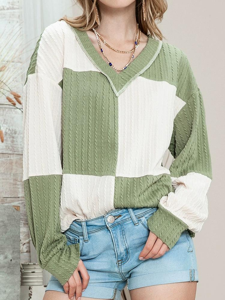 Fall 2024 New Arrival Pullover V-neck Women's Knitted Sweater Fashion Loose Casual Style Color Matching Long Sleeves Tops Women-THAT FASHION STORE