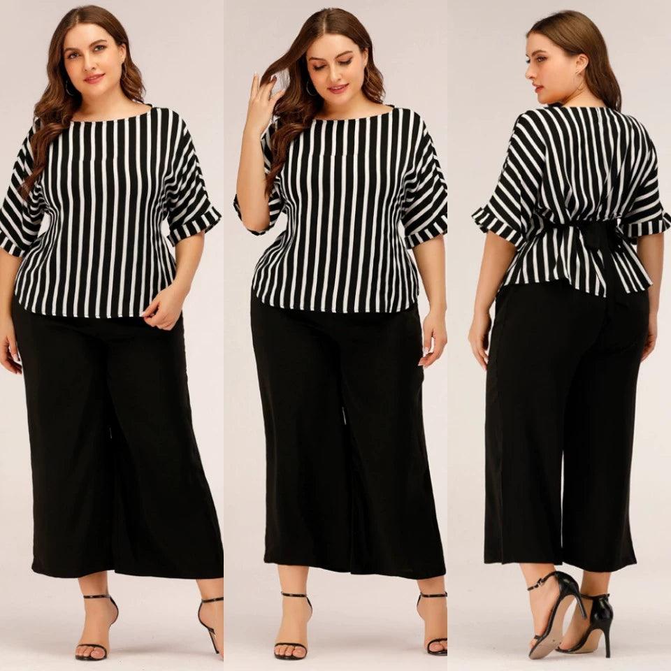 Summer Large Size Striped Wide-Leg Pants Top-THAT FASHION STORE