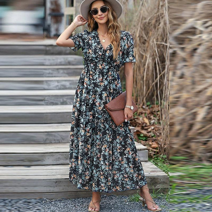 Summer 2024 New Arrival Florals Print Short Sleeve Dress European and American Leisure V-neck Seaside Vacation Style Long Dress for Women-THAT FASHION STORE