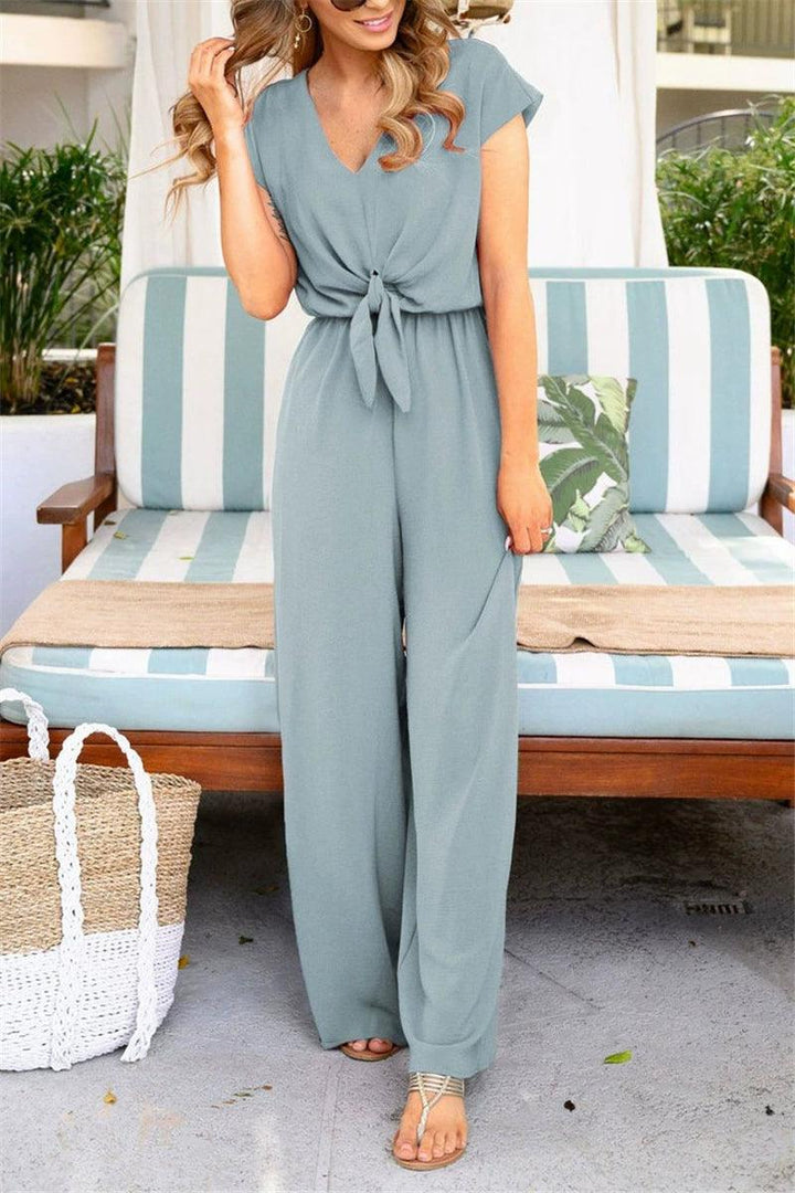 Solid Backless V-Neck Party Jumpsuit Fashionable All-Match V-neck Wide-Leg Trousers-THAT FASHION STORE